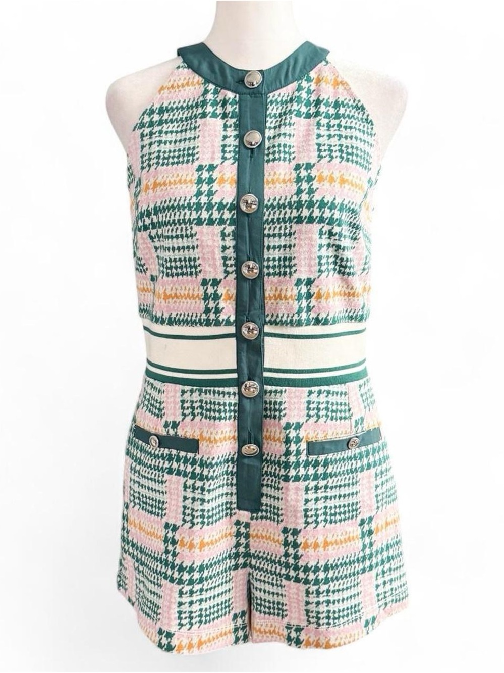 NWT Maeve Anthropologie Plaid Romper Green Pink Tweed Halter Shorts Small